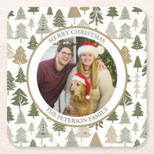 Modernes Weihnachtsbaummuster Familienbild Foto Rechteckiger Pappuntersetzer