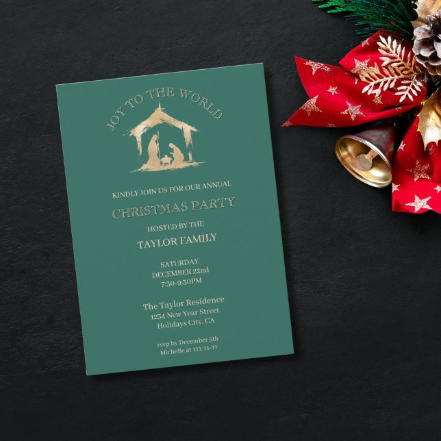 Modernes Weihnachtsessen Party Religiöse Geburt Feiertagskarte (religious christmas family party invitation with green background and gold nativity scene)