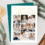 Modernes Weihnachtsfest Aquamarin 9 FotoCollage Folien Feiertagskarte<br><div class="desc">Moderne Weihnachtskarte mit "Frohe Weihnachten",  die oben im Design in trendiger Goldfolie mit weißem Hintergrund dargestellt ist. Eine Foto-Collage von 9 Fotos wird unten in einem Rasterlayout angezeigt. Personalisieren Sie die Multi-Foto Weihnachtskarte mit Ihrem Familiennamen. Die Folienkarte kehrt um,  um einen aquamarinen Hintergrund mit subtilen weißen Punkten (Schnee) anzuzeigen.</div>