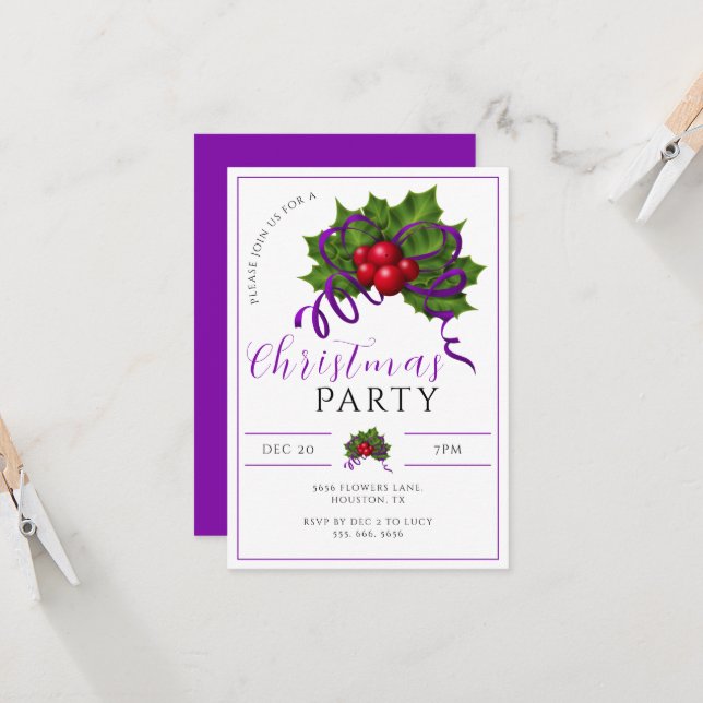 Modernes Weihnachtsfest, Berries & Ribbon - Party Einladung (Vorderseite/Rückseite Beispiel)