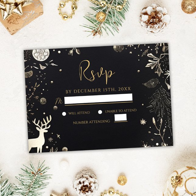 Modernes Weihnachtsfest im Party Black Gold RSVP Karte (Modern Christmas Party Black Gold Festive Holiday RSVP Card)
