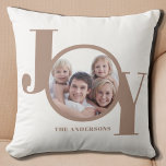 Modernes Weihnachtsfest Personalisiertes Foto Kissen<br><div class="desc">Dieses moderne Weihnachts-Foto Kissen ist mit dem Wort JOY in Beige auf weißem Hintergrund dekoriert. Einfach mit Ihrem Foto und Namen anpassbar.</div>