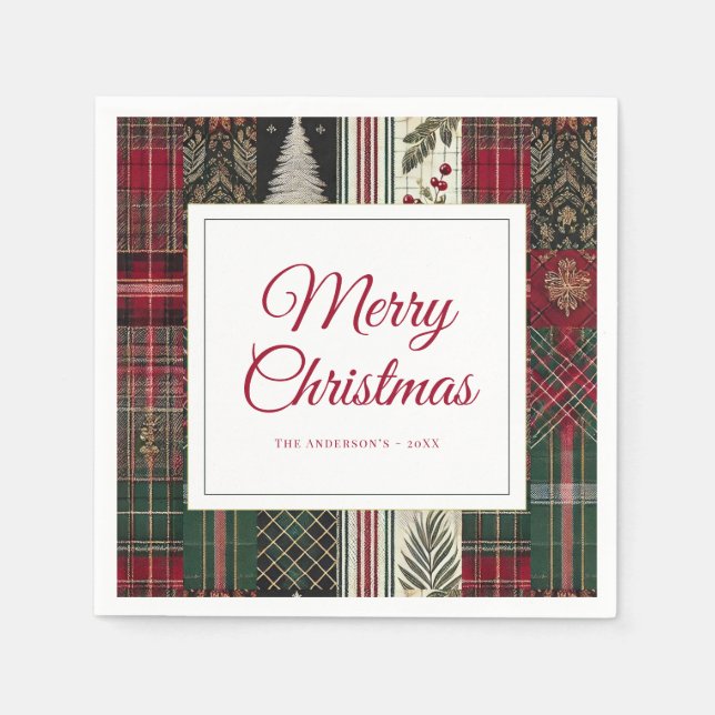 Modernes Weihnachtsfest Rustikales Kariertes Muste Serviette (Vorderseite)