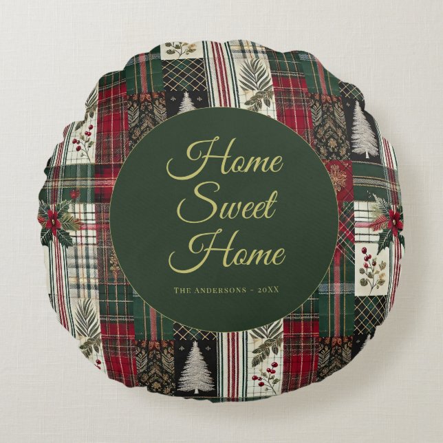 Modernes Weihnachtsfest Rustikales Tartan Kariert Rundes Kissen (Vorderseite)