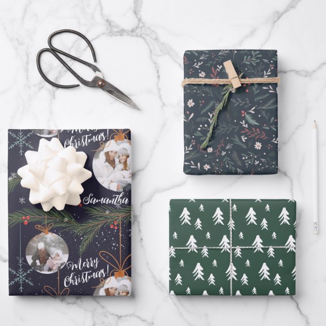 Modernes Weihnachtsgebirge, grün-grün, Foto Geschenkpapier Set (Vorderseite)