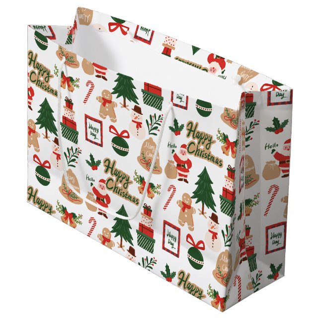 Modernes Weihnachtsgeschenk und Lebkuchenmuster Große Geschenktüte (Vorderseite Schrägansicht)