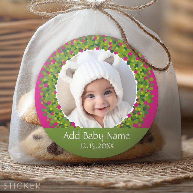 Modernes Weihnachtskranz Foto Frame PINK Runder Aufkleber (Custom Sticker)