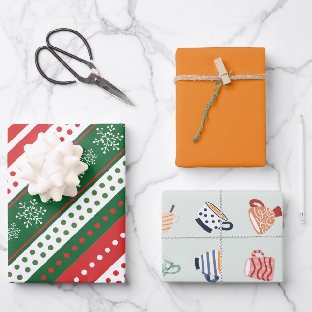 Modernes Weihnachtsmuster niedlich orange grün Geschenkpapier Set (Vorderseite)