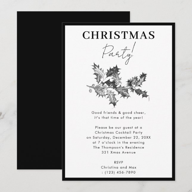 Modernes WeihnachtsParty Schwarz-weiß Holly Berrie Einladung (Vorne/Hinten)