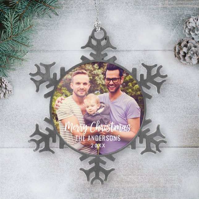Modernes Weihnachtsskript Custom Family Foto Schneeflocken Zinn-Ornament (Von Creator hochgeladen)