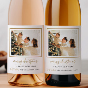 Modernes Weihnachtsweinflaschen Foto Geschenk Gold Weinetikett