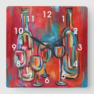 Modernes Wein-Flaschen-und Glas-Malen Quadratische Wanduhr