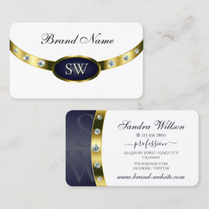Modernes Weiß Dunkelblau und Gold mit Monogramm Visitenkarte