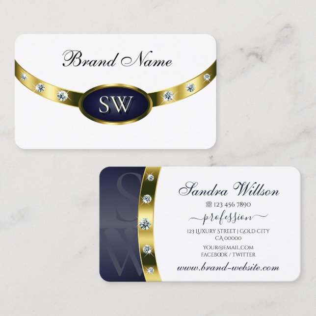 Modernes Weiß Dunkelblau und Gold mit Monogramm Visitenkarte (Vorne/Hinten)