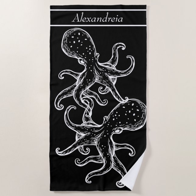 Modernes Weißer Oktopus Schwarz Strandtuch (Vorderseite)