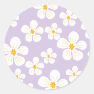 Modernes, weißes Blumenmuster Lila Runder Aufkleber