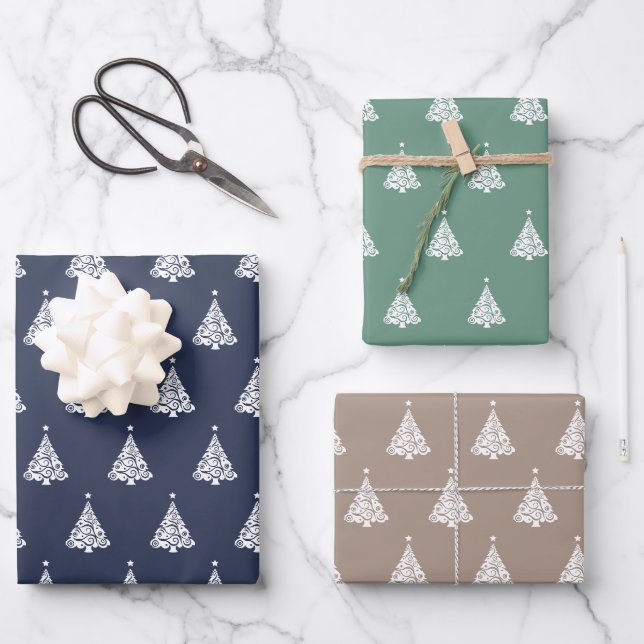Modernes, weißes, gemuteltes Weihnachtsbaummuster Geschenkpapier Set (Vorderseite)