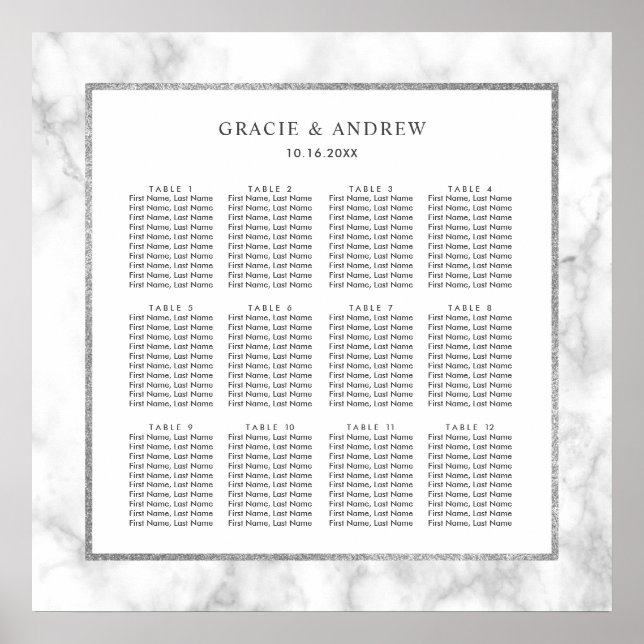 Modernes, weißes Marmor-Hochzeitsdiagramm Poster (Vorne)