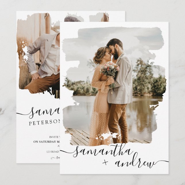 Modernes Weißpinselskript 2 Fotos Hochzeit Einladung (Vorne/Hinten)