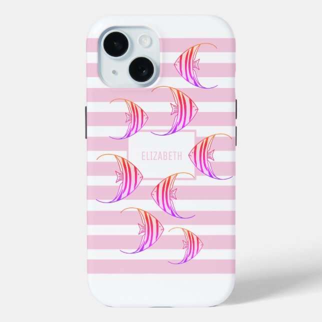 Modernes Weißrosa Gestreifte Angelfische Personali Case-Mate iPhone Hülle (Rückseite)