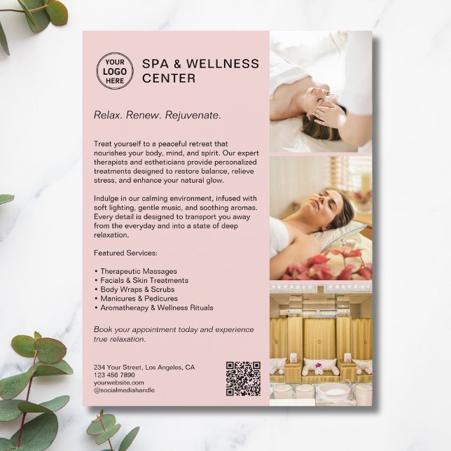 Modernes Wellness-Center Wellness Pink Werbeuntern Flyer (Modern Spa Wellness Pink Promotional Business Flyer)