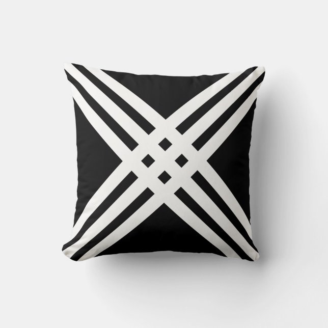 Modernes White Cross Lines Muster auf schwarz Kissen (Vorderseite)
