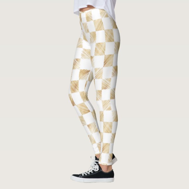 Modernes White Gold Checkerboard Muster Leggings (Links)