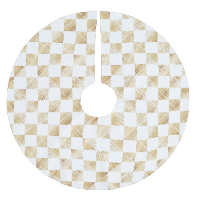Modernes White Gold Checkerboard Muster Polyester Weihnachtsbaumdecke (Vorderseite)