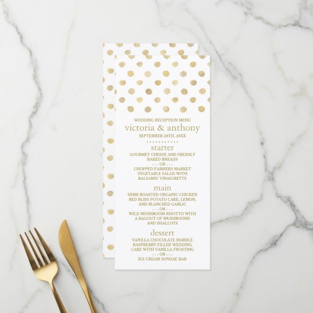 Modernes White & Gold Polka Dots Wedding Menü Menükarte (Vorderseite/Rückseite Beispiel)