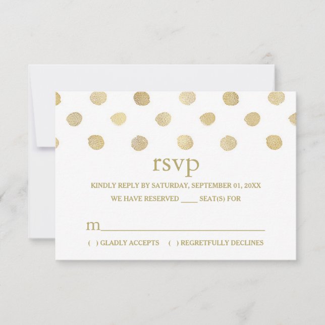 Modernes White & Gold Polka Dots Wedding RSVP (Vorderseite)