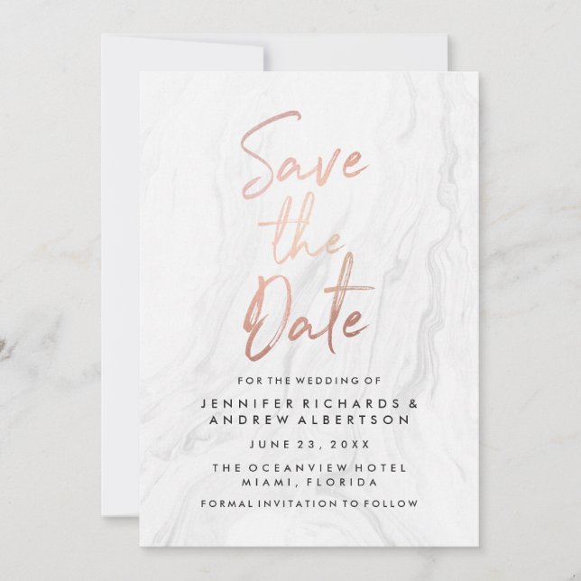 Modernes White Marble Rose Gold Script Save the Da Date (Vorderseite)
