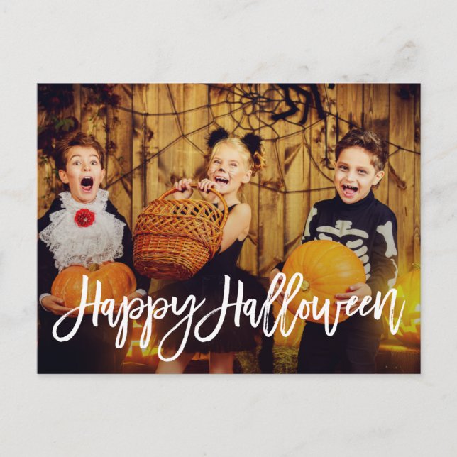 Modernes White Script Happy Halloween Postkarte (Vorderseite)