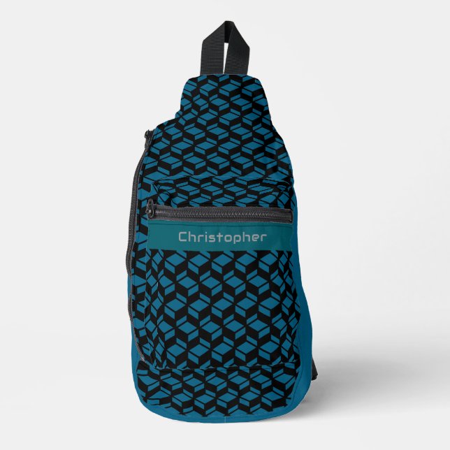 Modernes Wiederholmuster Aquamarin Schwarz Crossbody Bag (Vorderseite)