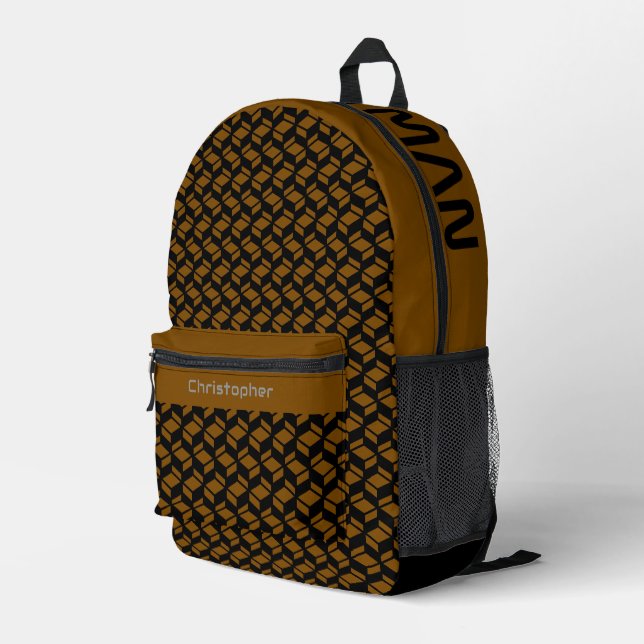 Modernes Wiederholmuster braunes Schwarz Bedruckter Rucksack (Rückseitige Ecke Rechts)