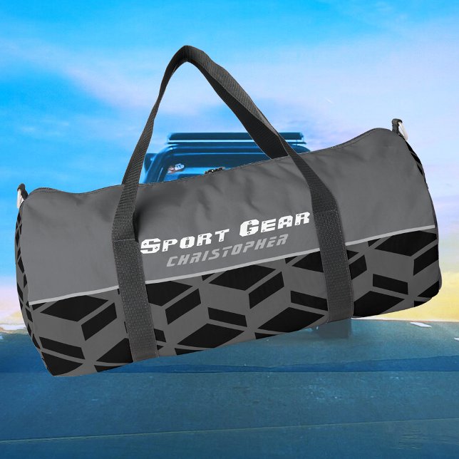 Modernes Wiederholmuster Schwarz Grau Duffle Bag (Modern sporting personalized duffel bag.)