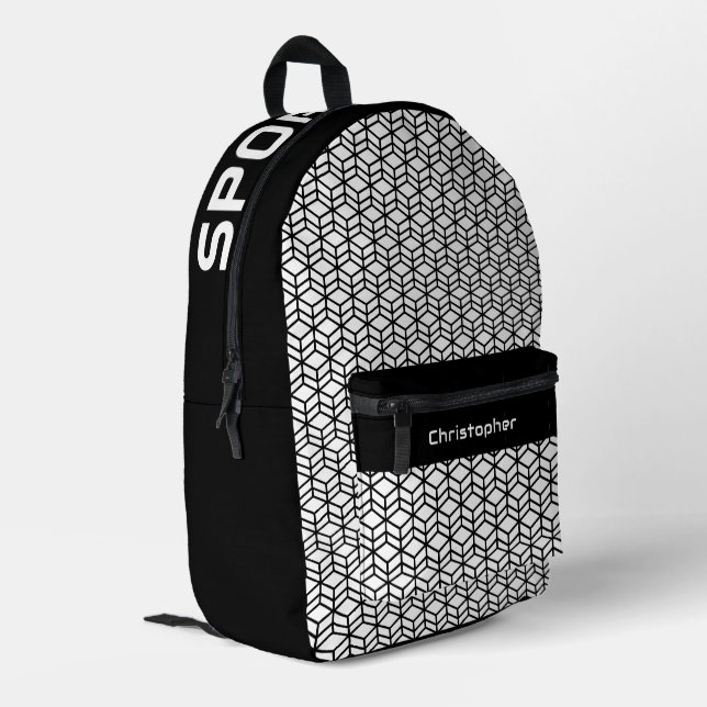 Modernes Wiederholmuster Schwarz-weiß Bedruckter Rucksack (Rückseitige Ecke links)