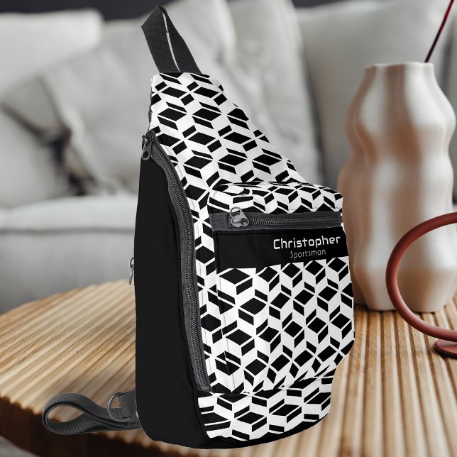 Modernes Wiederholmuster Schwarz-weiß Crossbody Bag (Modern Geometry Design.)