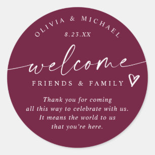 Modernes Wine Burgund Wedding Welcome Hotel Bag Runder Aufkleber