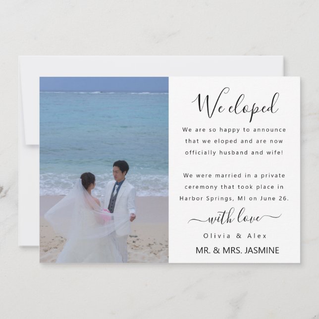 Modernes wir haben White Script Wedding Foto Ankündigung (Rückseite)