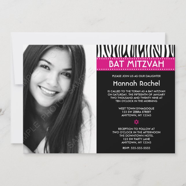 Modernes Zebra Pink Foto Bat Mitzvah Einladungen (Vorderseite)