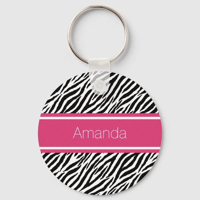 Modernes Zebra-Print mit rosa Streifen und Namen Schlüsselanhänger (Vorderseite)