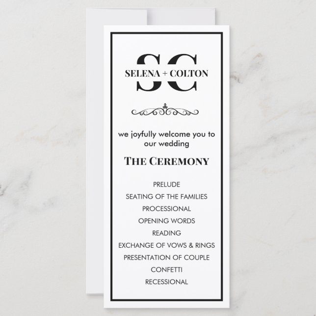 Modernes zeitloses Schwarz-Weiß-Hochzeitsprogramm (Vorderseite)