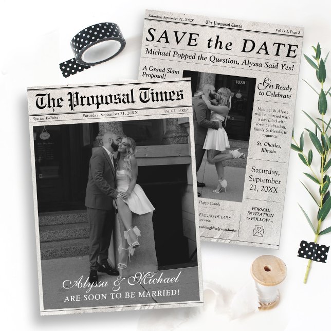 Modernes Zeitungs-Foto Der Vorschlag Times Trendy Save The Date (Trendy The Proposal Times Newspaper Style double sided black and white photo wedding save the date)