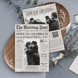 Modernes Zeitungs-Foto QR Code Hochzeitseinladung Einladung