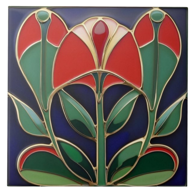 Modernistische Jugendstil-Blume-Kurven Fliese (Vorderseite)