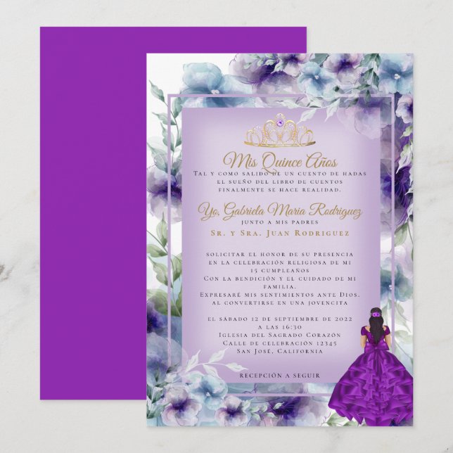 Modernos Flores Moradas Quinceañera Einladung (Vorne/Hinten)