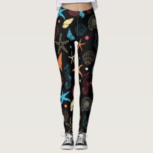 Modernstes Seepferd, Seesterne und Muscheln-Muster Leggings