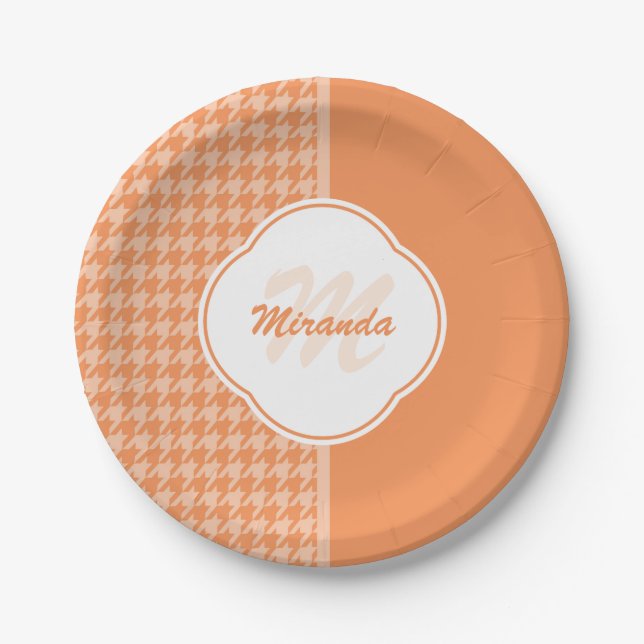 Modifiziertes Orange Hahnentrittmuster Monogramm u Pappteller (Vorderseite)