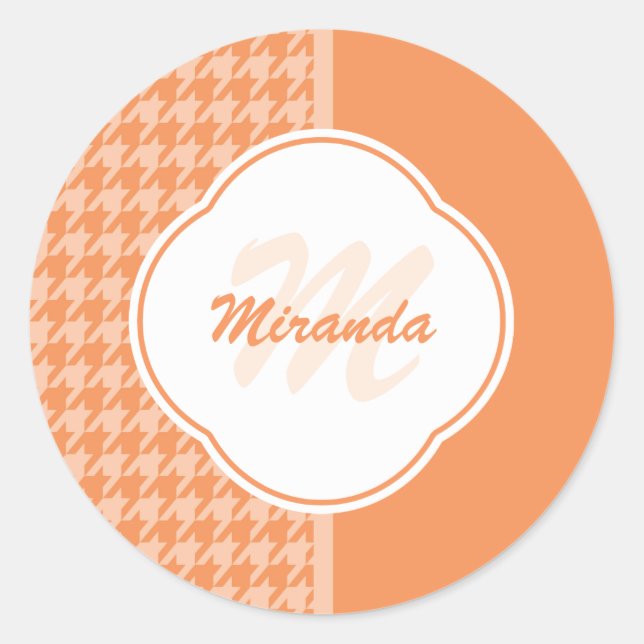Modifiziertes Orange Hahnentrittmuster Monogramm u Runder Aufkleber (Vorderseite)