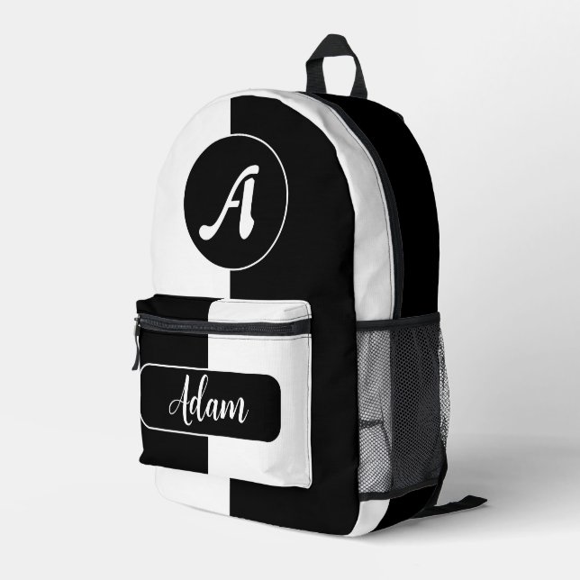 Modisch Schwarz/Weiß - Anfangsname Monogramm Bedruckter Rucksack (Rückseitige Ecke Rechts)
